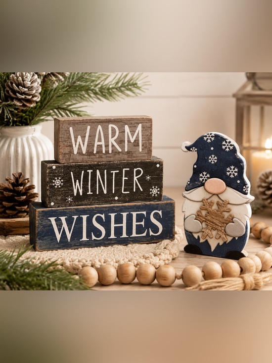 Other - Mini Winter Gnome Wooden Block Sign Set Warm Winter Wishes Tiered Tray Decor